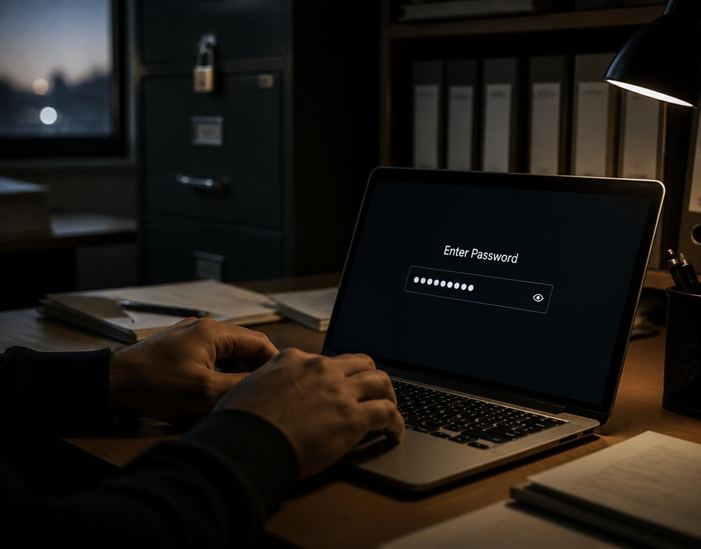 Contador digitando a senha de acesso em um notebook, ao lado de um arquivo trancado